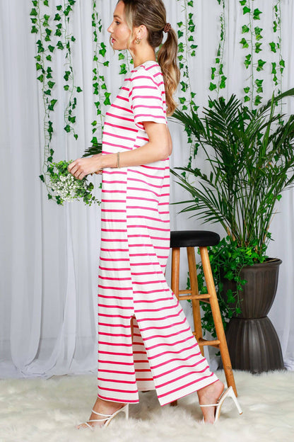 Crew Neck Striped Cotton T-Shirt Maxi Dress VD82246