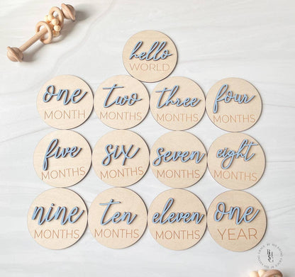 3D Wooden Monthly Milestone Discs With Light Pink Letters 