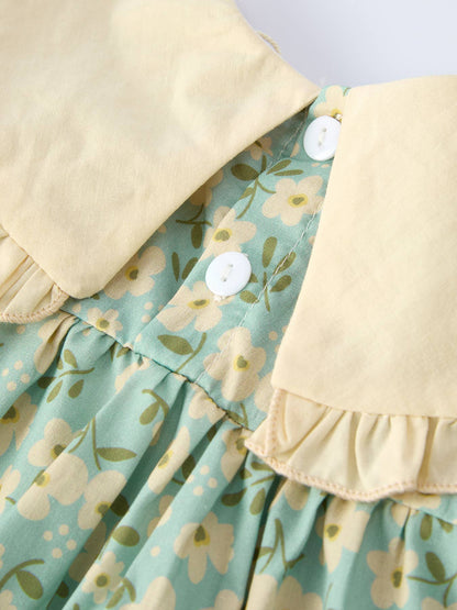 Spring Floral Print Long-Sleeved Romper and Dress Matching Headband