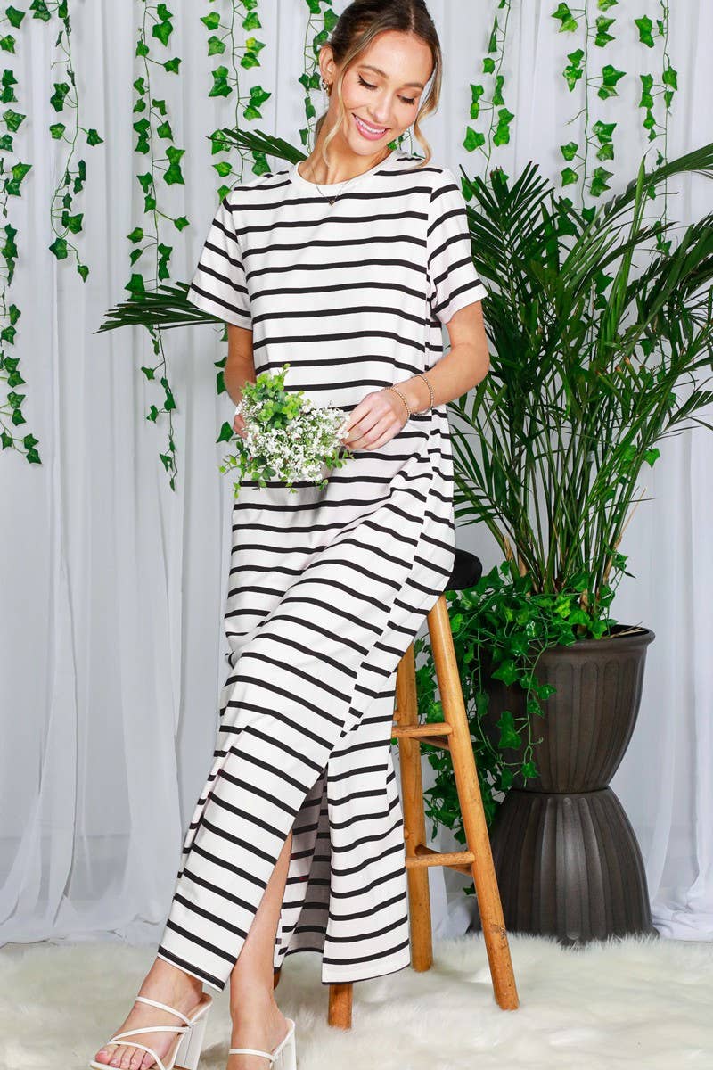 Crew Neck Striped Cotton T-Shirt Maxi Dress VD82246