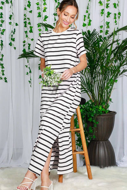 Crew Neck Striped Cotton T-Shirt Maxi Dress VD82246