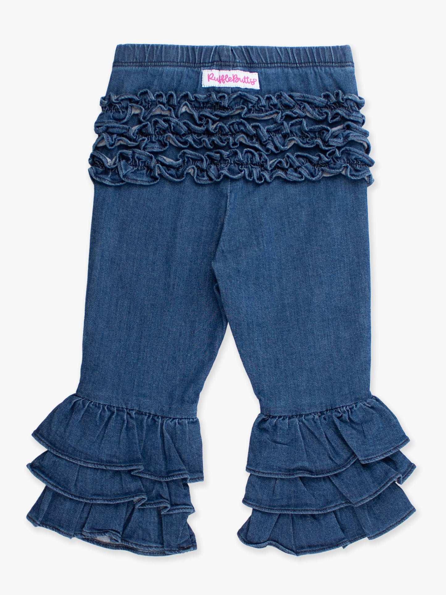 Toddler Girls Medium Wash Stretch Denim Ruffle Flare Pants with Signature Rear Ruffles