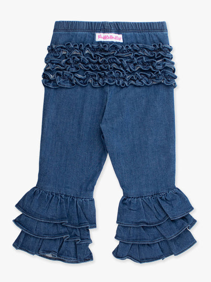 Toddler Girls Medium Wash Stretch Denim Ruffle Flare Pants with Signature Rear Ruffles