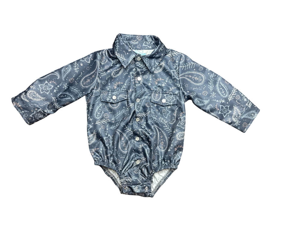 Grey Paisley Pearl Snap Onesie