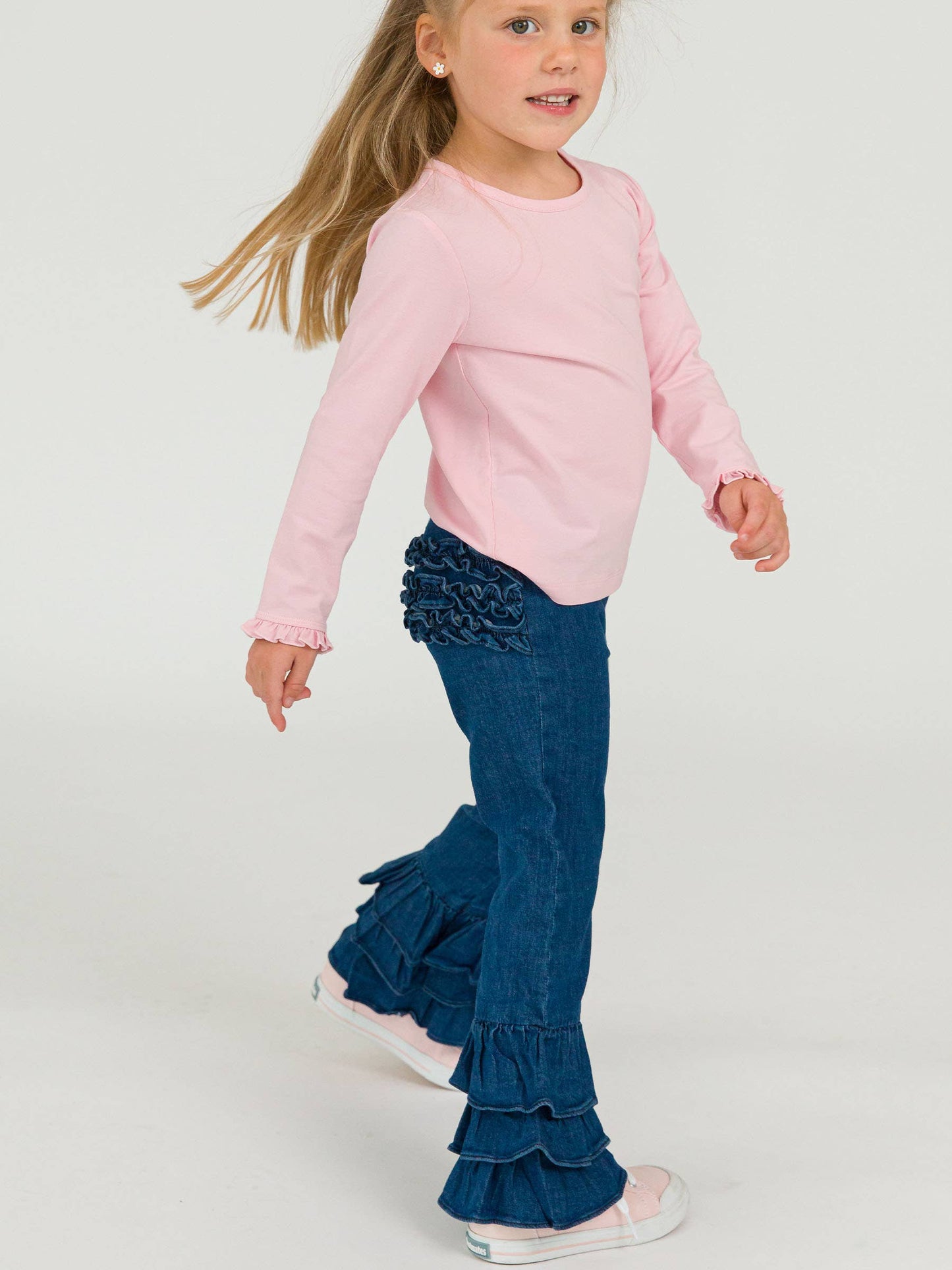 Toddler Girls Medium Wash Stretch Denim Ruffle Flare Pants with Signature Rear Ruffles