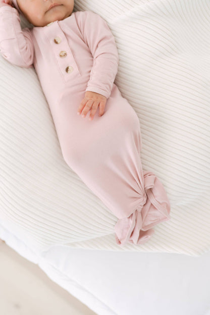 Newborn Knotted Baby Gown, Bow, Hat Set - Baby Clothes Girl