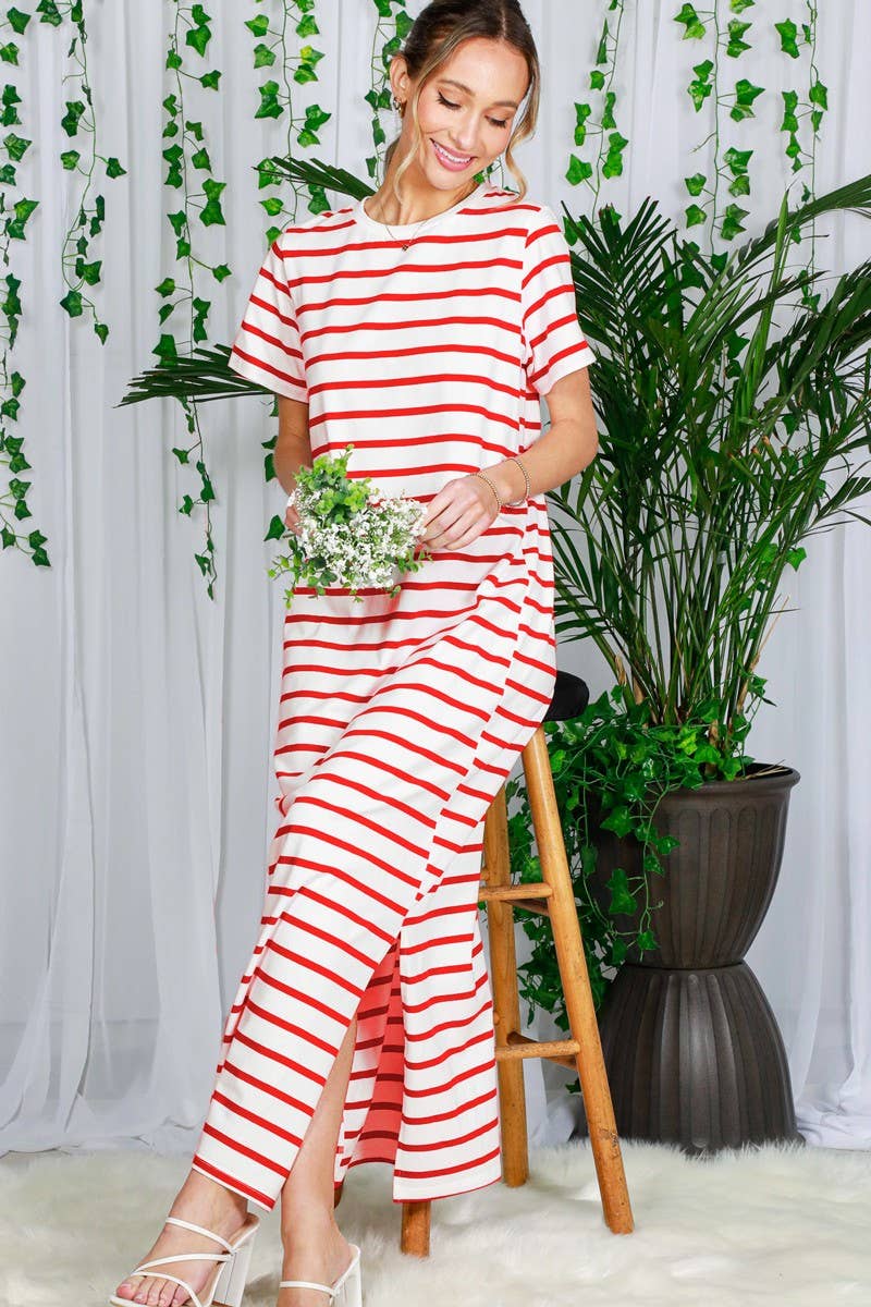 Crew Neck Striped Cotton T-Shirt Maxi Dress VD82246