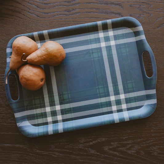Navy Green Plaid Large Melamine Tray w/ Handles - Gift