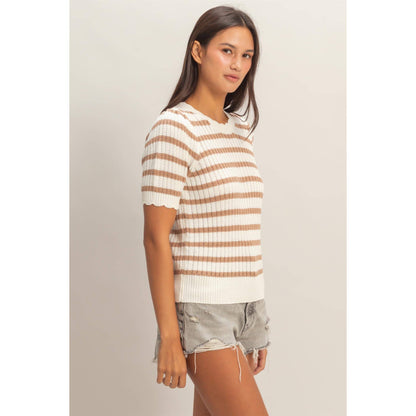 Striped Scallop Puff Sleeve Knit Top