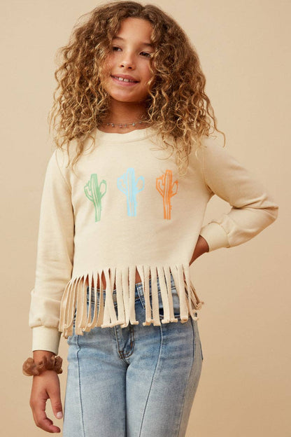 Girls Fringed Graphic Terry Top