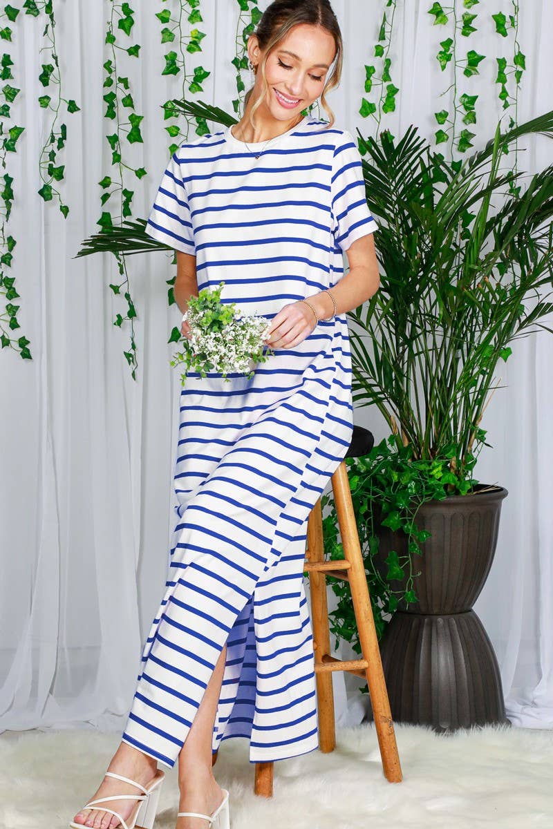 Crew Neck Striped Cotton T-Shirt Maxi Dress VD82246
