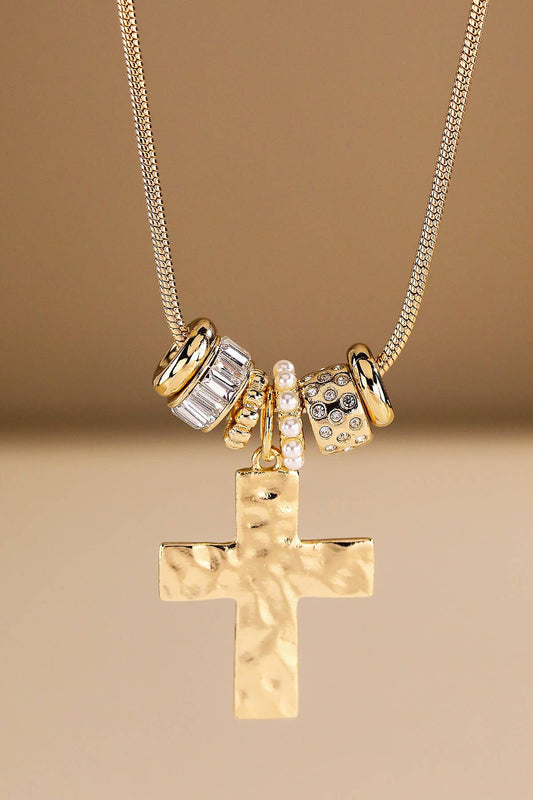 Hammered Cross & Beaded Charm Necklace