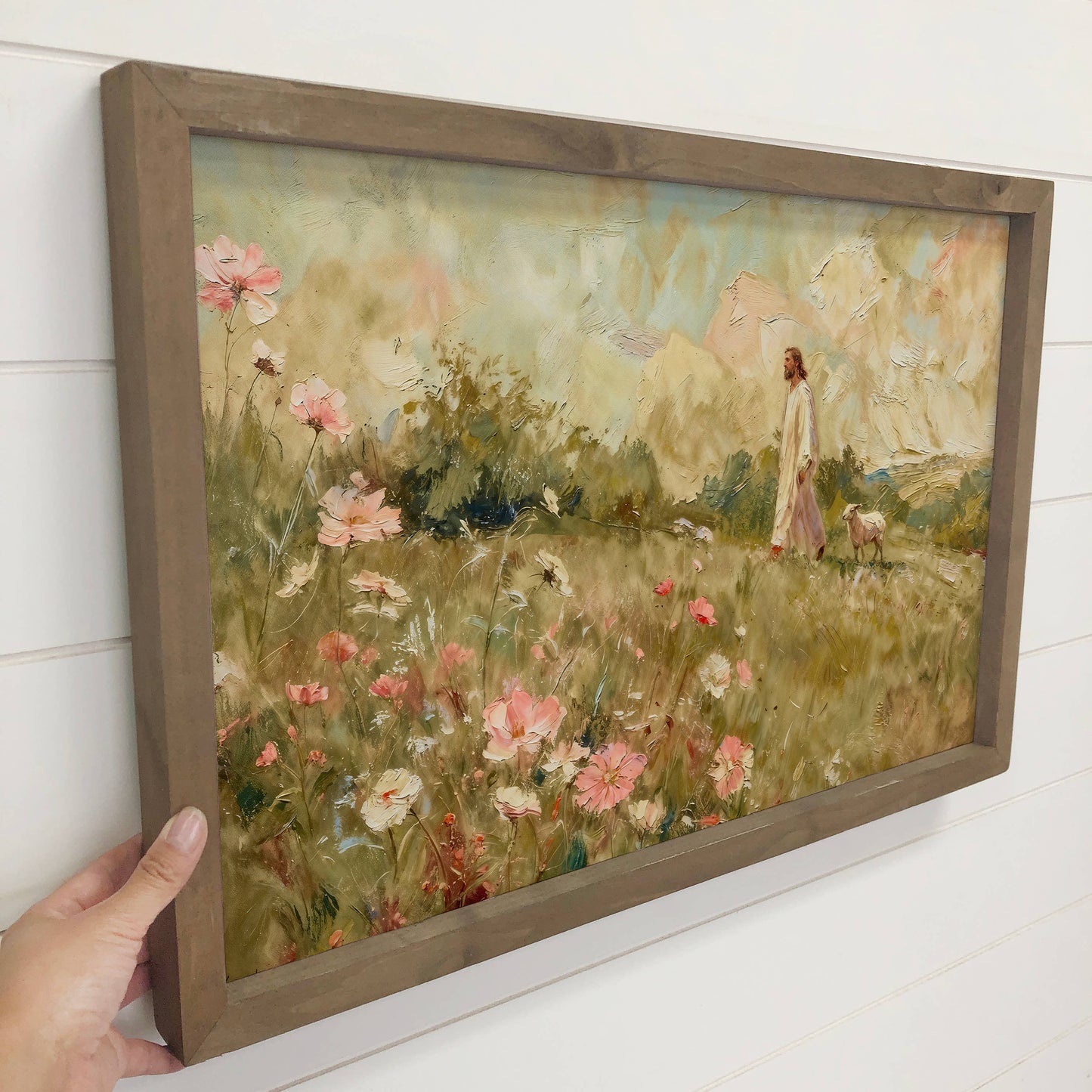 Lamb Following Jesus Wildflowers - Cottage Living Room Art