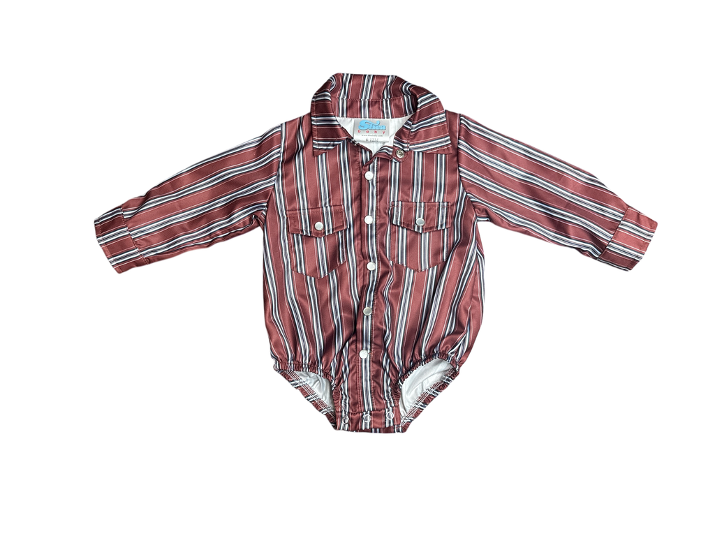 Vintage Maroon Pin Stripe Pearl Snap Onesie