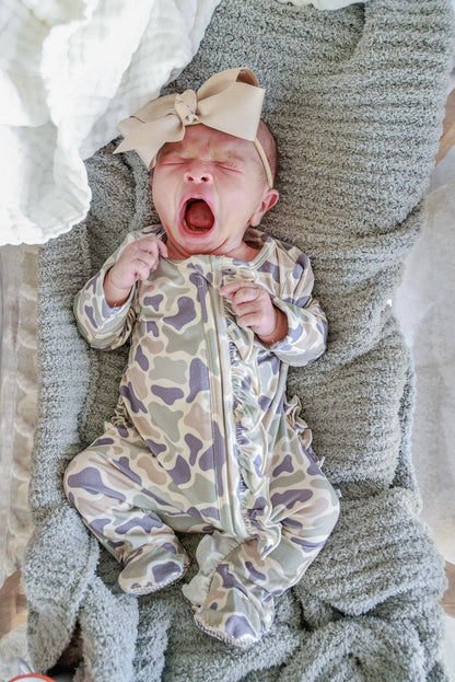 Ruffle Bamboo Zipper Footie | Camo Cutie