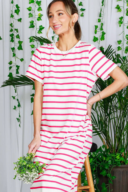 Crew Neck Striped Cotton T-Shirt Maxi Dress VD82246