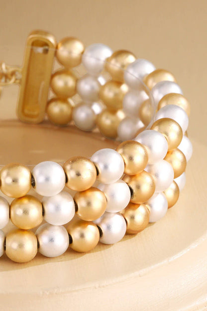 Triple Strand Pearl & Gold Bead Bracelet