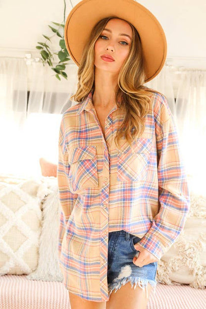 Collared Pocket Detail Roll-Up Sleeve Plaid Shirt VT70146E