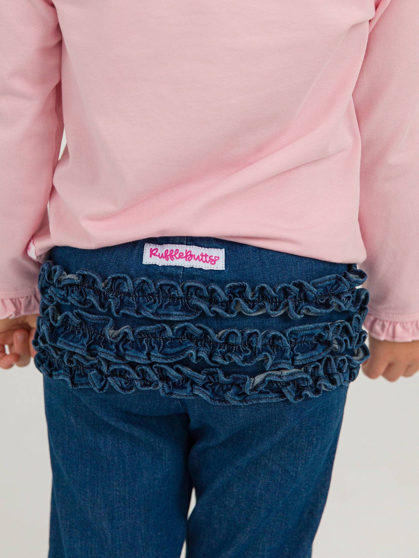 Toddler Girls Medium Wash Stretch Denim Ruffle Flare Pants with Signature Rear Ruffles