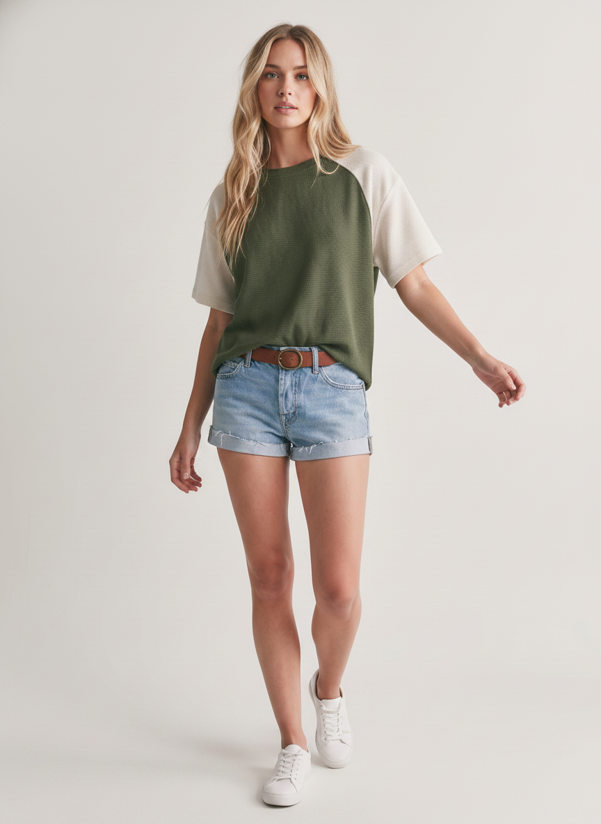 CLOUDY KNIT COLOR BLOCK SHOULDER TOP