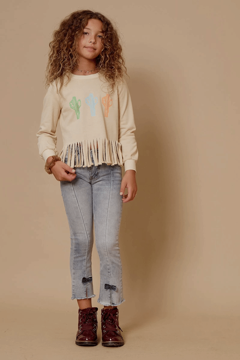 Girls Fringed Graphic Terry Top