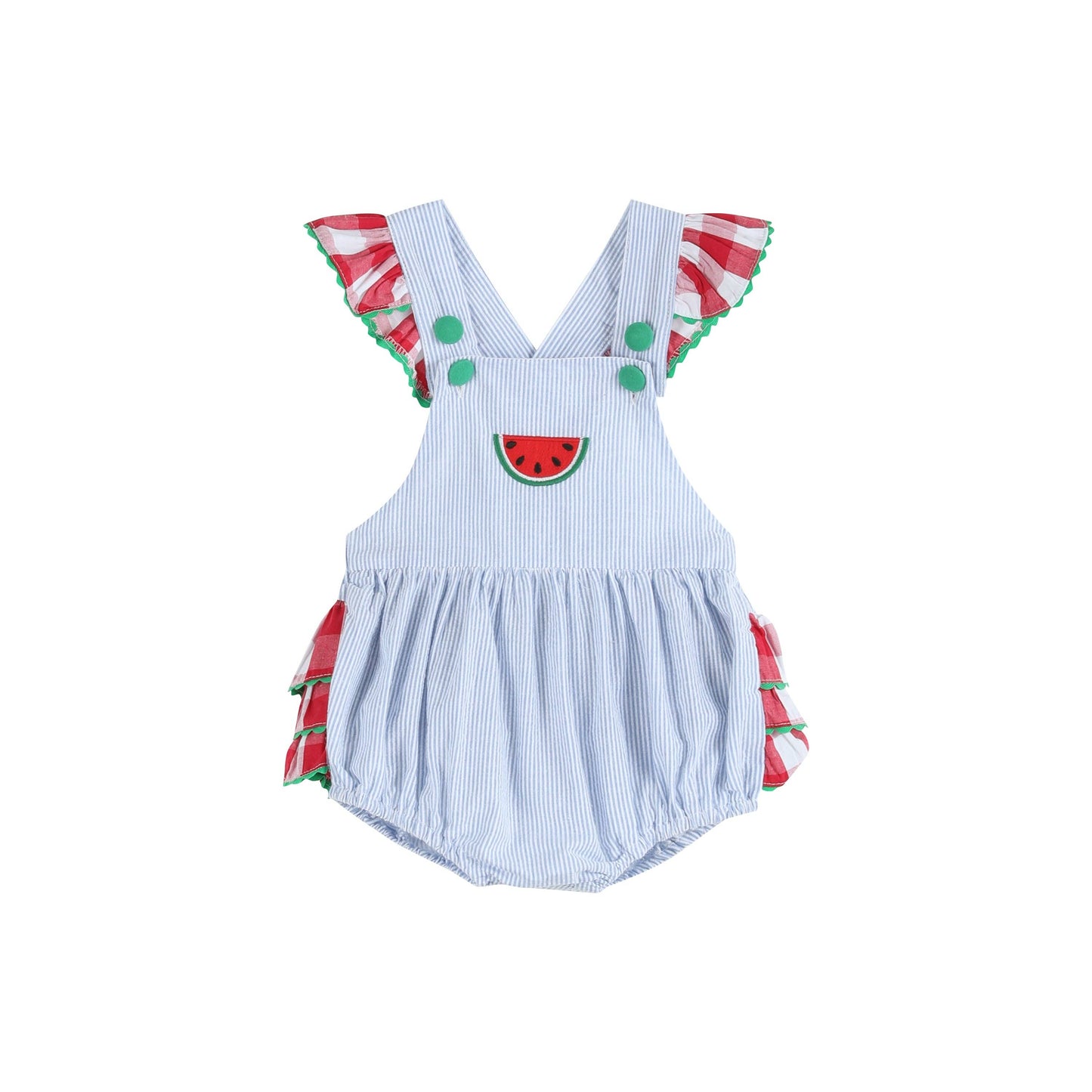 Blue Seersucker Watermelon Ruffle Romper