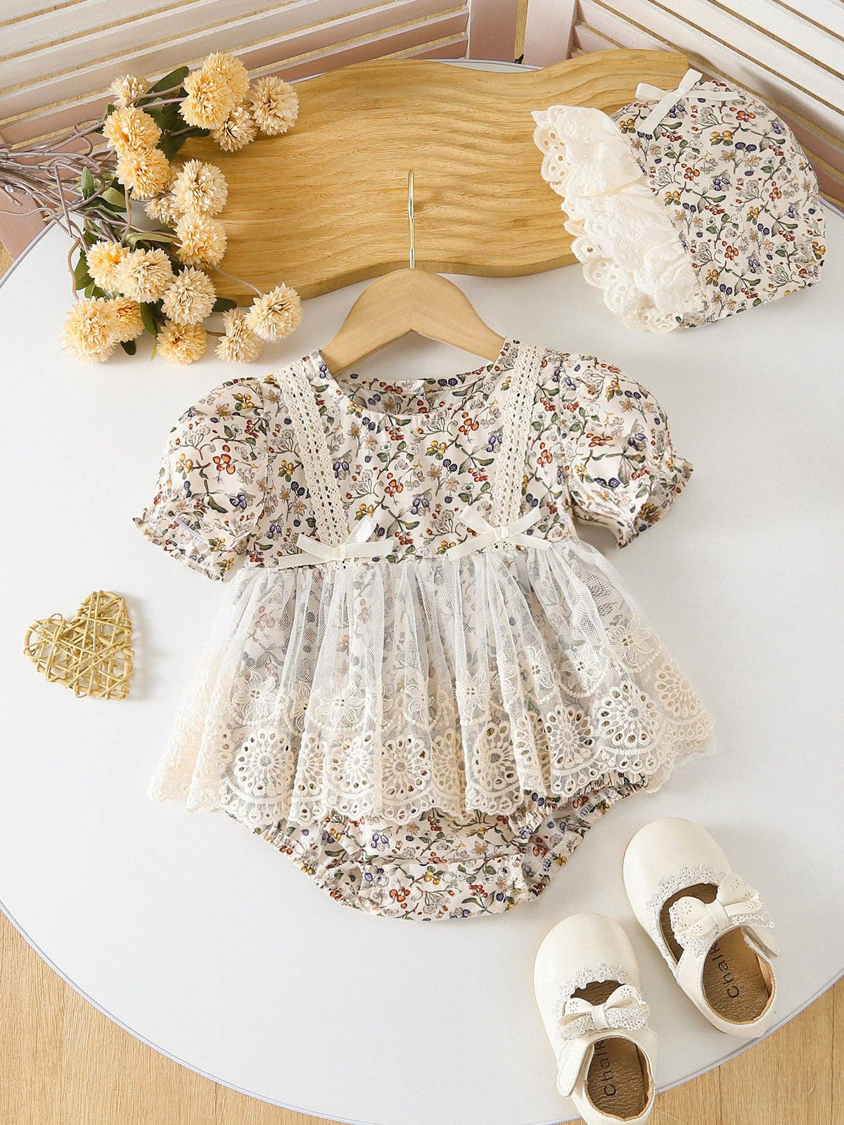 Floral Lace Romper and Bonnet