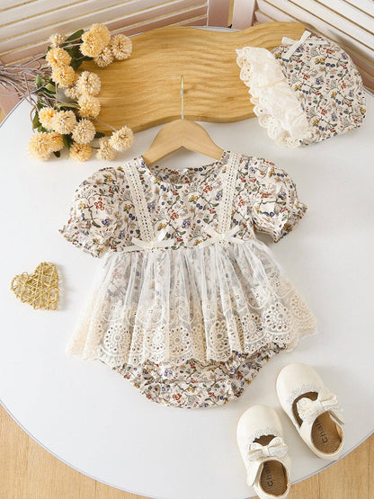 Floral Lace Romper and Bonnet