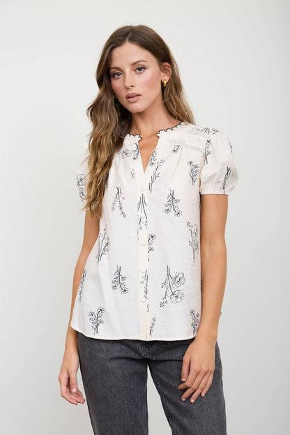 FLORAL LINE PRINT SPLIT NECK BUTTON DOWN LINEN TOP