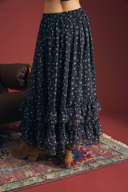 NAVY FLORAL RUFFLE TIERED SKIRT