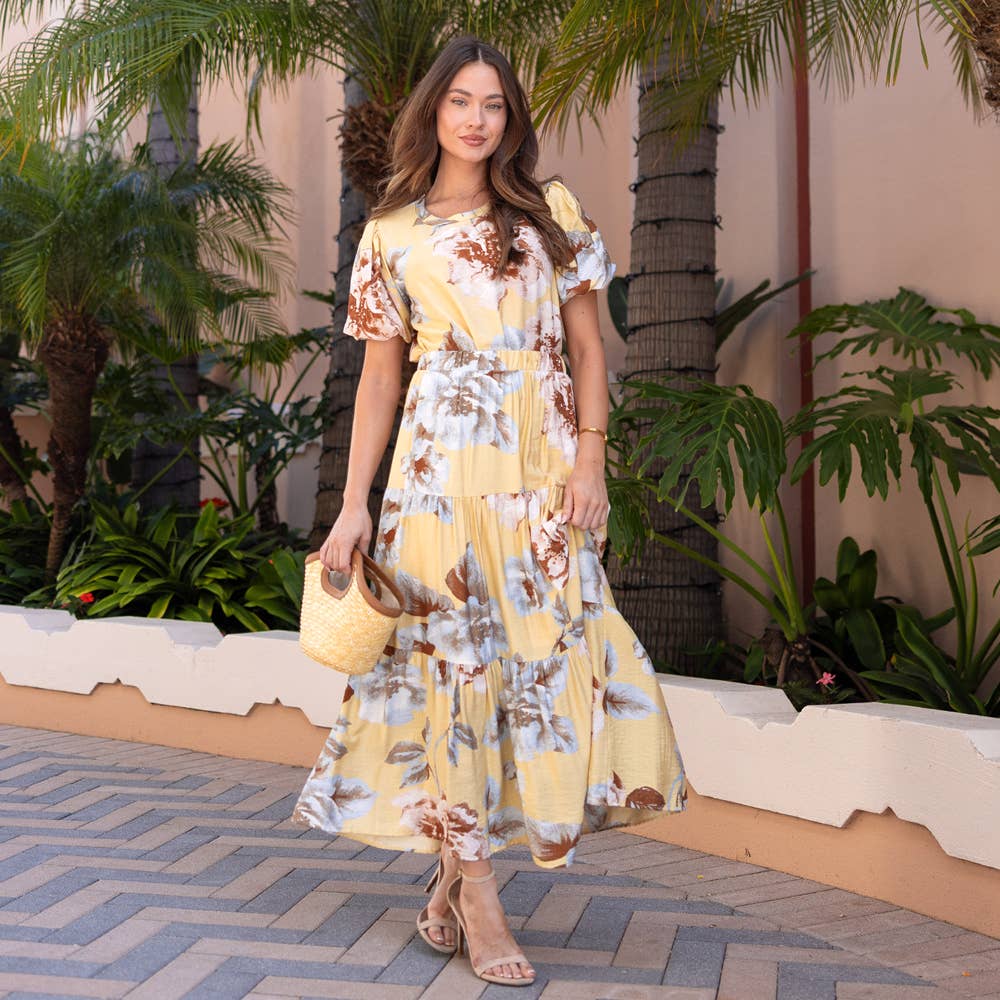 Yellow Floral Tiered Maxi Skirt