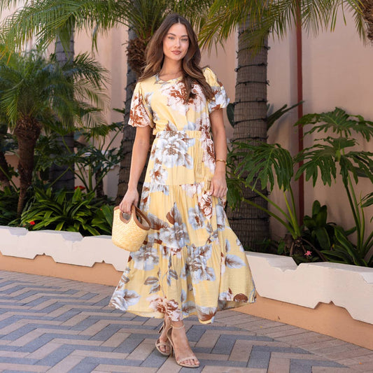 Yellow Floral Tiered Maxi Skirt