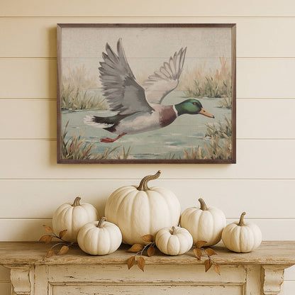 Duck Over Pond Wood Canvas