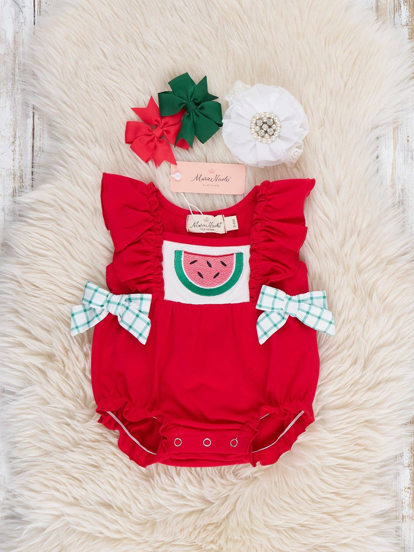 Watermelon Fun Embroidered Cotton Ruffle Bubble Romper