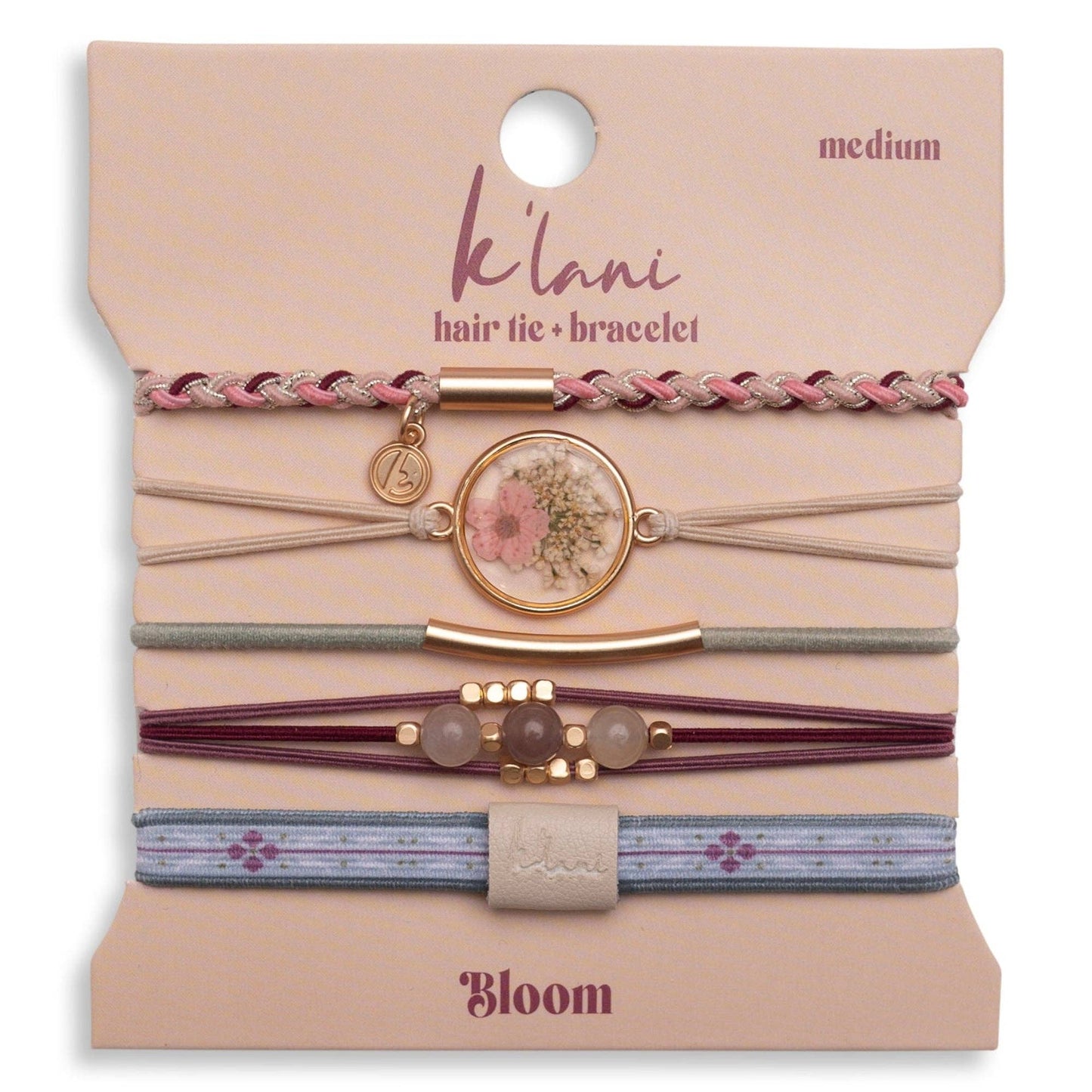 K’lani "Bloom" Maroon and Pink with Pressed Flowers Hair Tie Bracelets