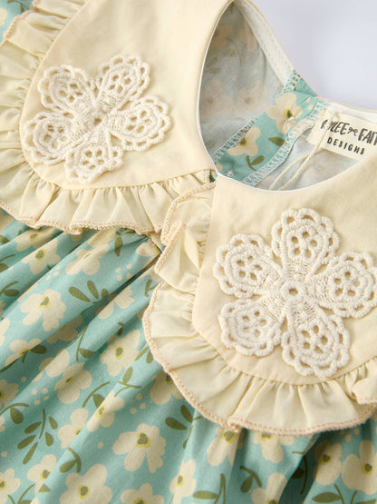 Spring Floral Print Long-Sleeved Romper and Dress Matching Headband