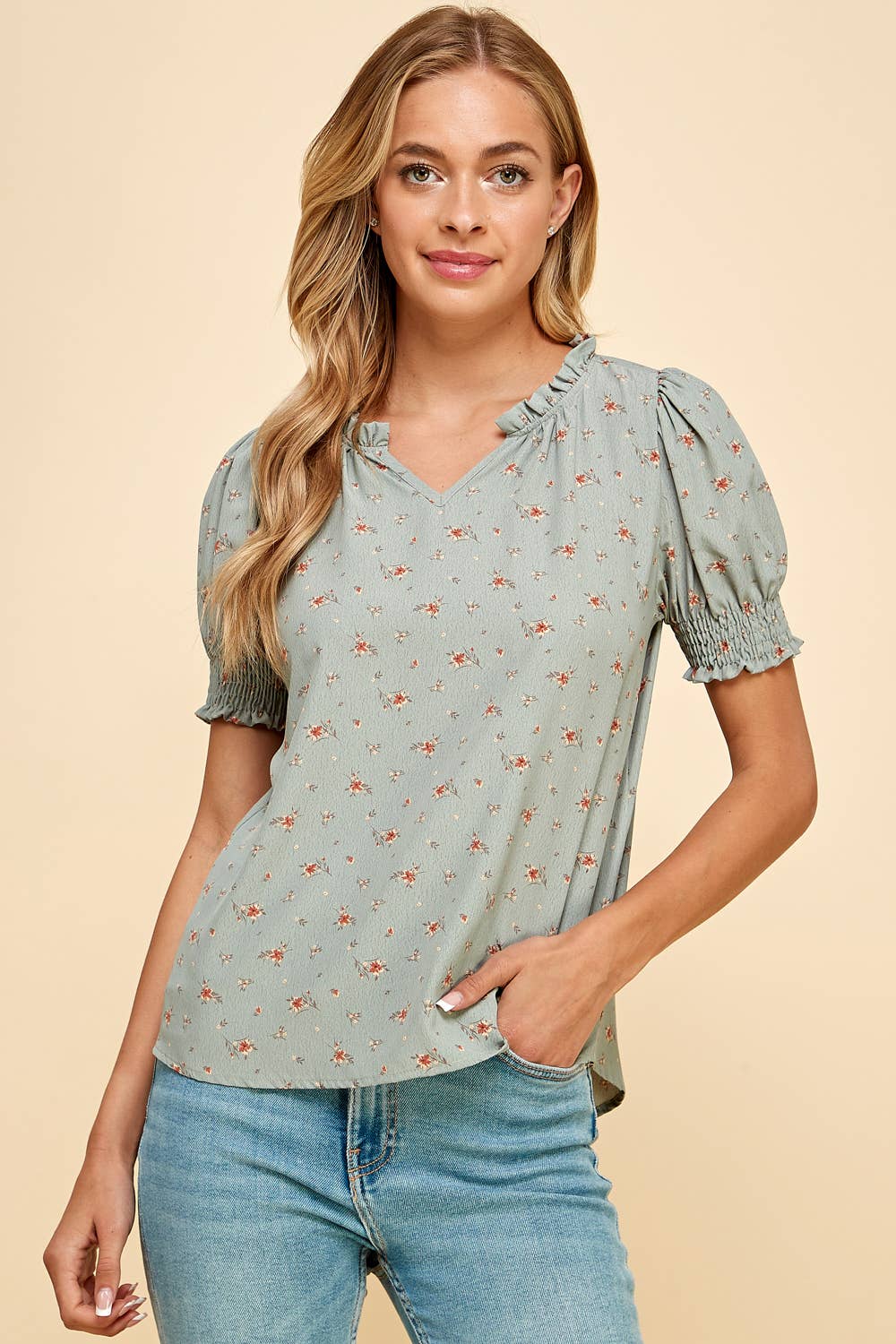 Floral Ruffled Top in Sage
