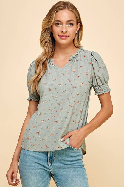 Floral Ruffled Top in Sage