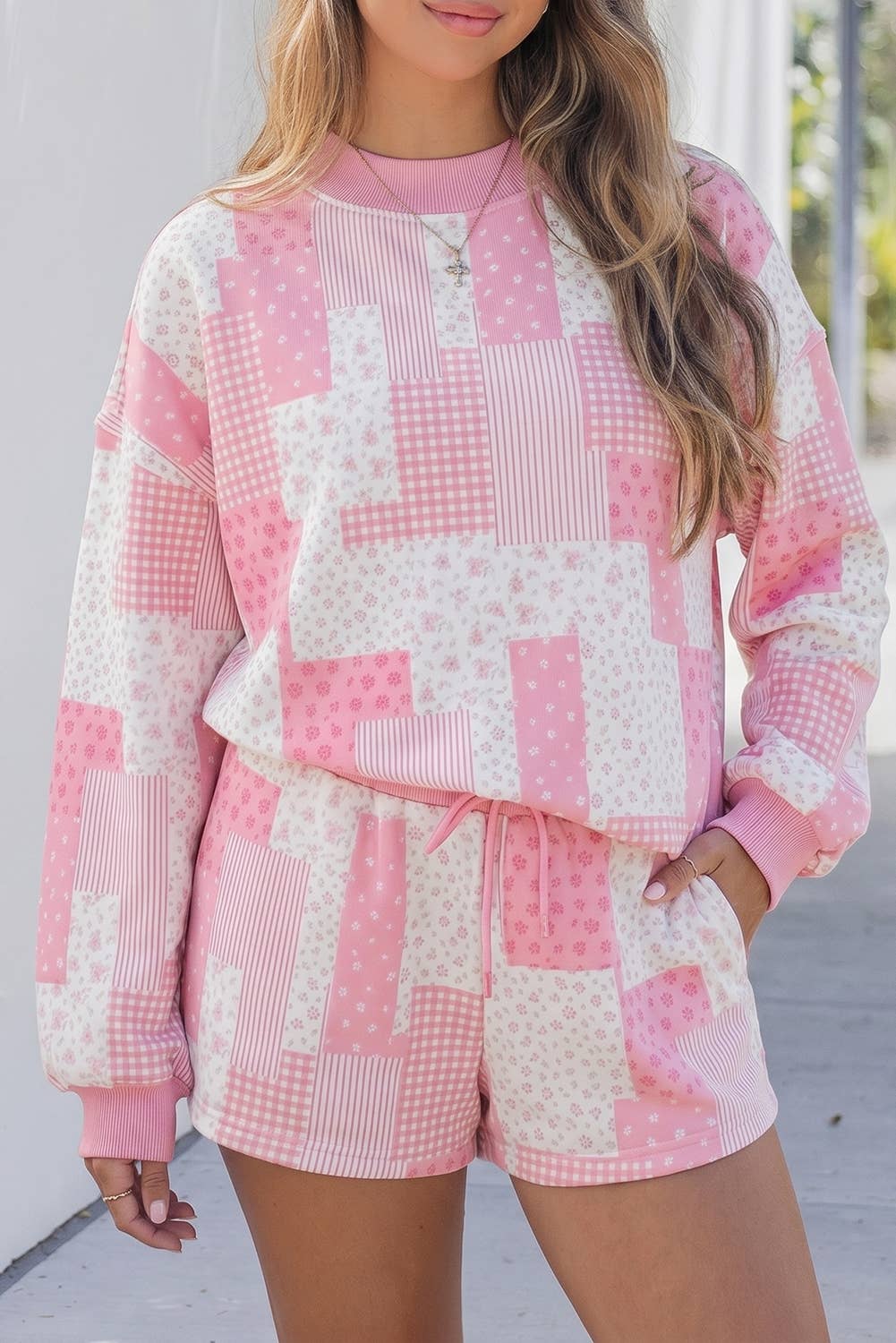 Patchwork Long Sleeve Waist Shorts Two Piece Set