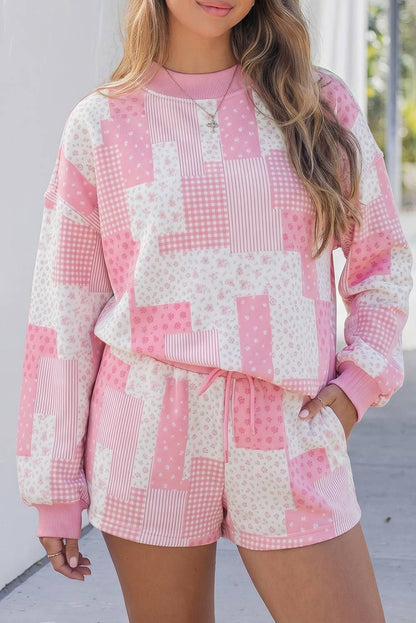 Patchwork Long Sleeve Waist Shorts Two Piece Set