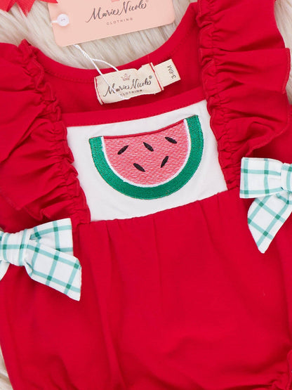 Watermelon Fun Embroidered Cotton Ruffle Bubble Romper