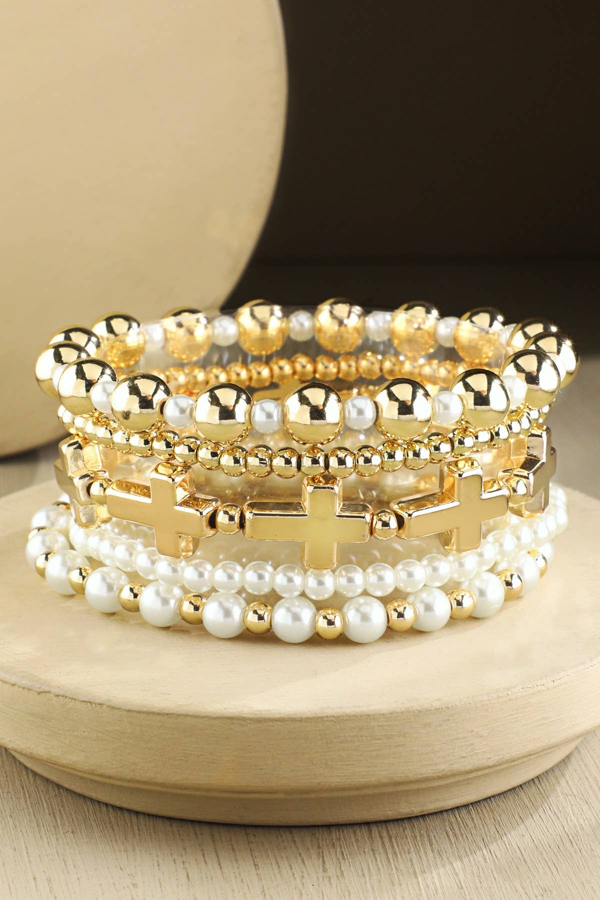 Stackable Pearl Bead & Cross Charm Bracelet