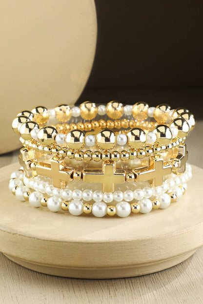 Stackable Pearl Bead & Cross Charm Bracelet