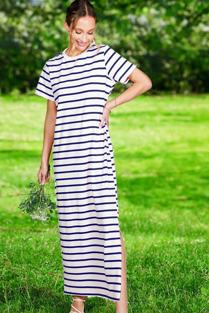 Crew Neck Striped Cotton T-Shirt Maxi Dress VD82246