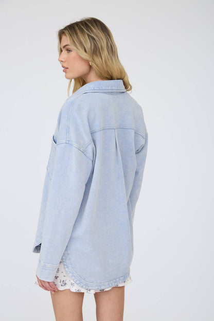 ACID WASHED COLLARED BUTTON DOWN KNIT SHACKET