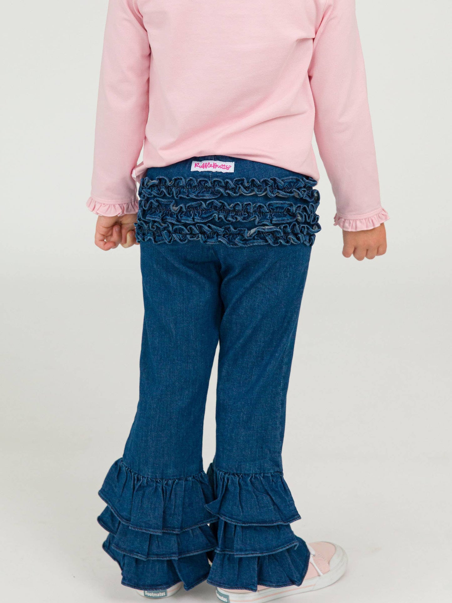 Toddler Girls Medium Wash Stretch Denim Ruffle Flare Pants with Signature Rear Ruffles