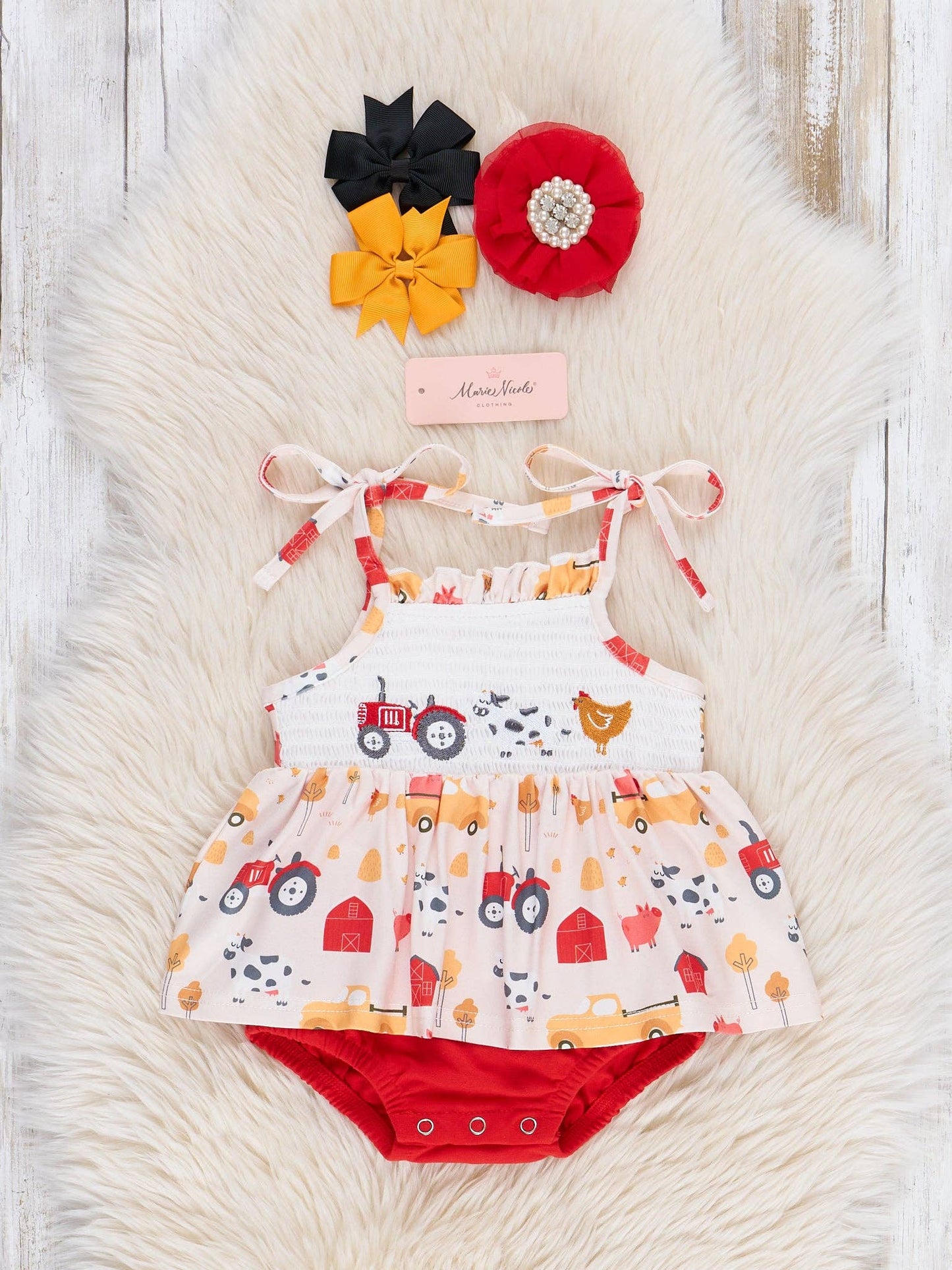 Farm Friends Smocked Ruffle Bubble Romper