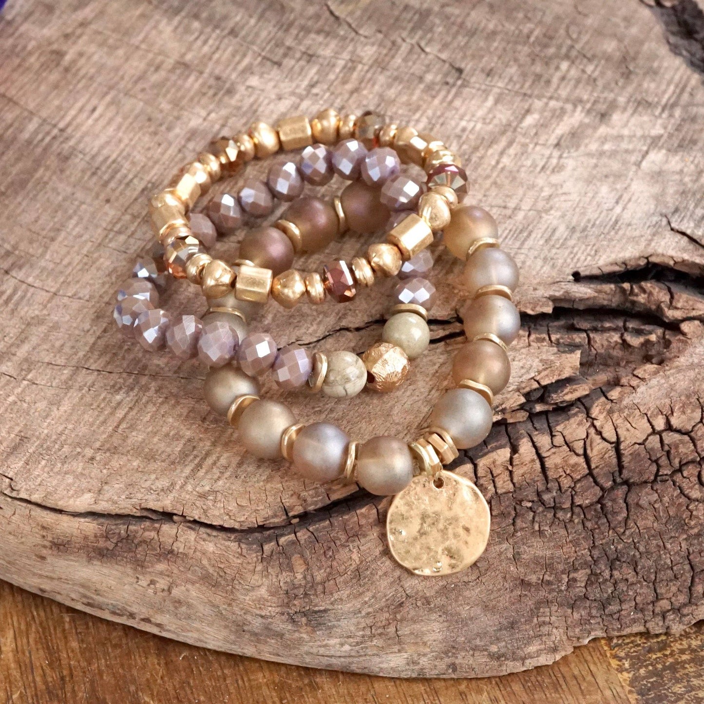 Desert Glow – Coin Charm Bracelet Stack in Rose Blush