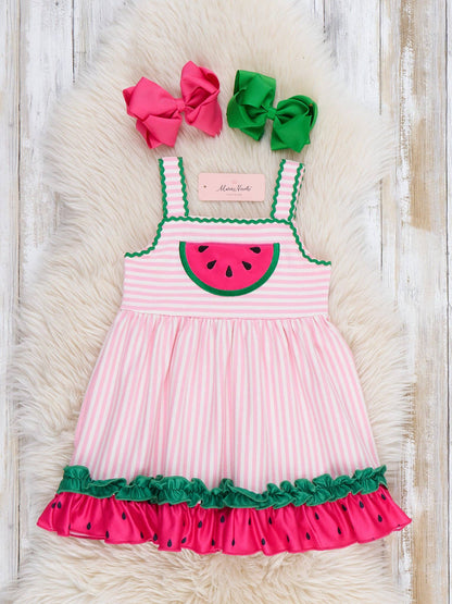 Watermelon Days Striped Embroidery Ruffle Dress