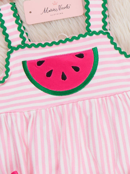 Watermelon Days Striped Embroidery Ruffle Bubble Romper
